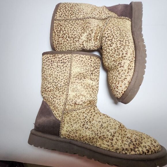UGG classic gold metallic shimmer leopard brown winter fur boots Size 9 - Picture 3 of 7